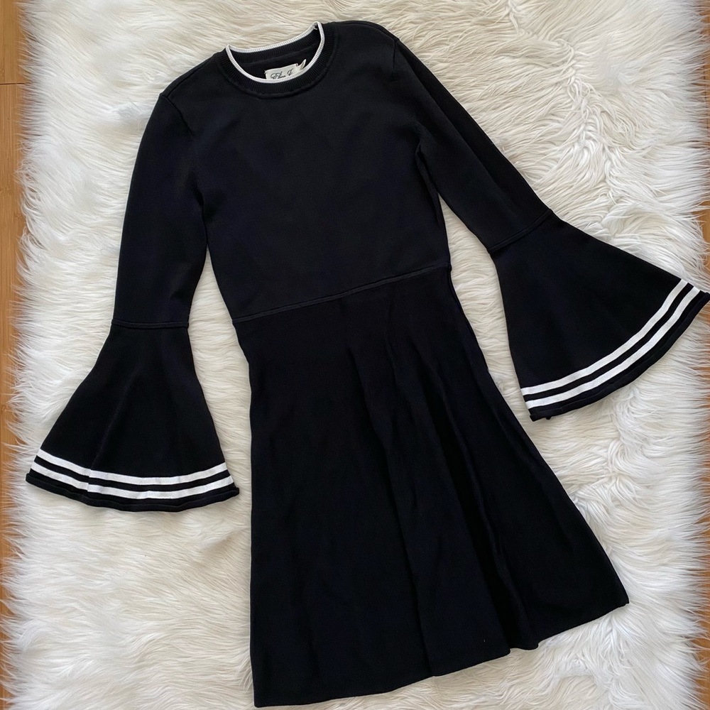 Eliza J Black Knit Long Flare Bell Sleeve Modest Crewneck Fit and Flare Dress - Picture 2 of 9